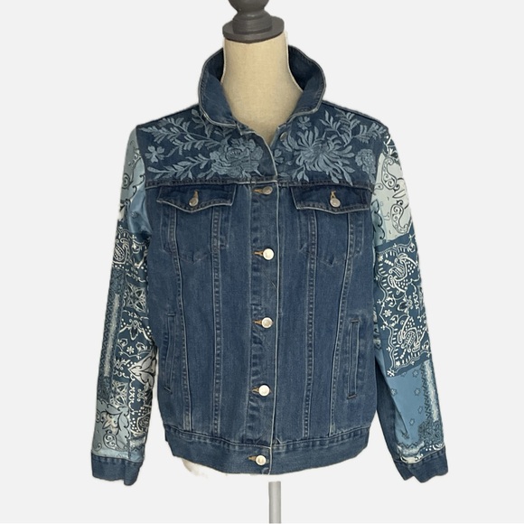 Johnny Was Jackets & Blazers - Johnny Was Workshop Bandana Patched Denim Jean Jacket Embroidered Silk Medium